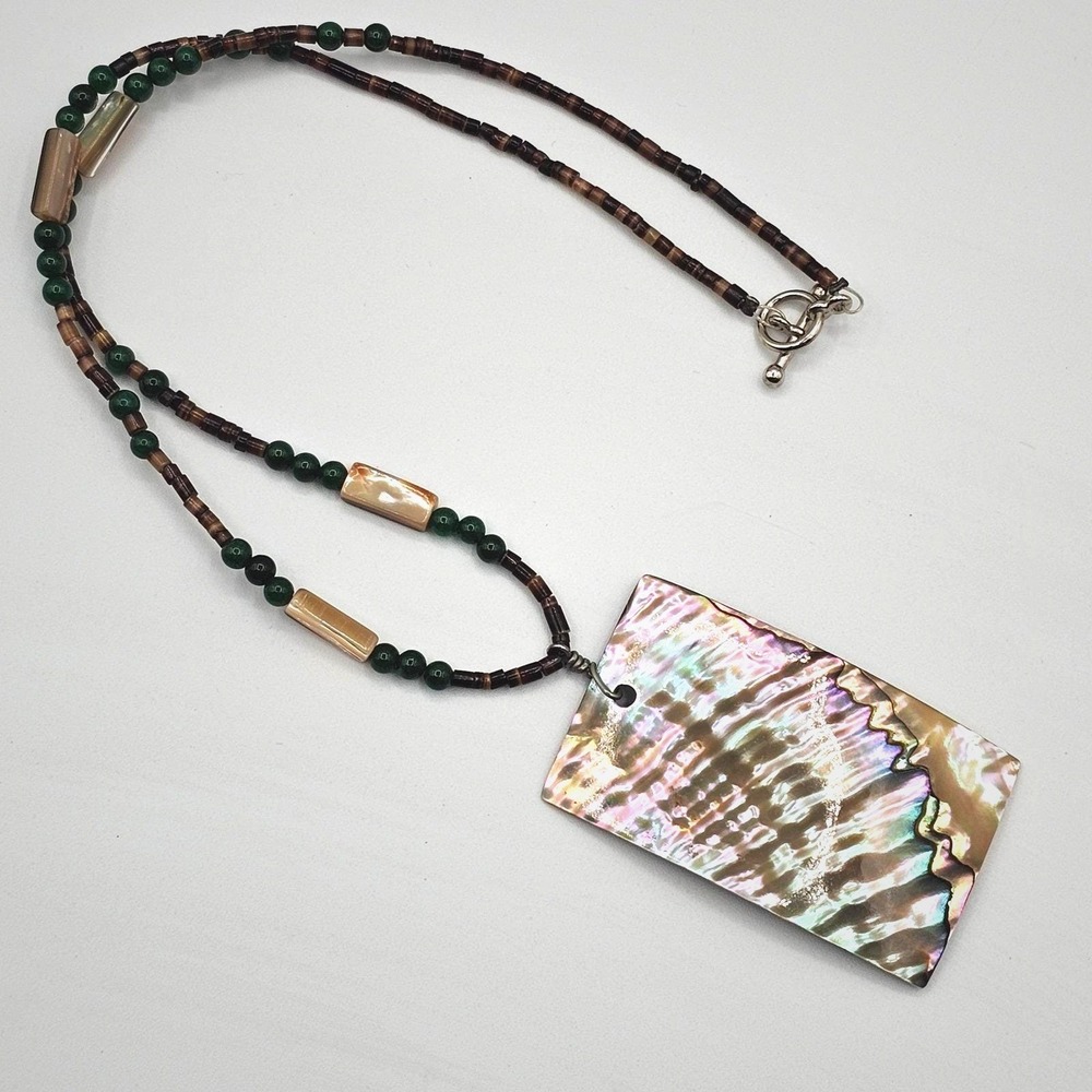 Abalone Shell Pendant Necklace Green Brown Iridescent Beaded Statement Boho